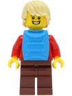 Minifigur City - Passenger - Male, Red Plaid Flannel Shirt, Reddish Brown Legs, Tan Hair, Dark Azure Backpack 