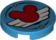 Deler - Dark Azure Tile, Round 2 x 2 with Bottom Stud Holder with Red Mickey Mouse Logo and White Pilot Wings Pattern