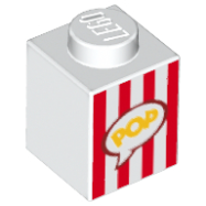 Deler - White Brick 1 x 1 with Red Vertical Stripes and Yellow 'POP' in Speech Bubble (Popcorn Box)Pattern