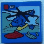 Deler - Blue Tile 2 x 2 with Groove with Lego Helicopter and "CITY" Set Box Pattern