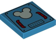 Deler - Dark Azure Tile 2 x 2 with Groove with Bright Light Blue Mickey Mouse Logo on Hatch with Red Handles Pattern