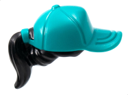 Deler - Black Minifigure, Hair Combo, Hair with Hat, Ponytail with Molded Dark Turquoise Ball Cap Pattern