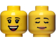 Deler - Yellow Minifigure, Head Dual Sided Female Black Eyebrows, Freckles, Eyelashes, Nougat Lips