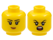 Deler - Yellow Minifigure, Head Dual Sided Female, Black Eyebrows, Peach Nougat Lips, Grin / Roaring