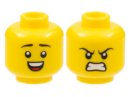 Deler - Yellow Minifigure, Head Dual Sided, Black Eyebrows, Smile with Teeth and Tongue / Scowl Pattern
