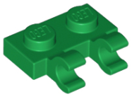 Deler - Green Plate, Modified 1 x 2 with 2 Open O Clips (Horizontal Grip)