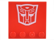 Deler - Red Tile, Modified 4 x 4 with Studs on Edge with White Transformers Autobot Symbol Pattern