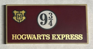 Deler - Tan Tile 2 x 4 with Gold 'HOGWARTS EXPRESS' and Crest, Black 9 3/4 in Circle on Dark Red Background Pattern