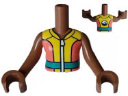 Deler - Medium Brown Torso Mini Doll Girl Coral and Yellow Wetsuit with White Zipper, Dark Turquoise Belt and Dolphin / Whale Logo on Back Pattern